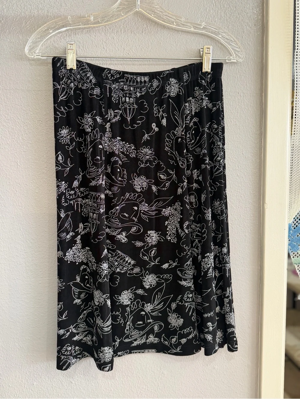 Coldwater Creek Black A-Line Skirt with White Floral & Face Print